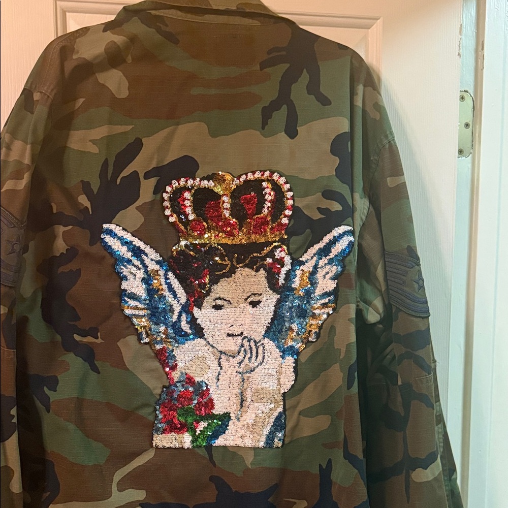 Camouflage Jacket with Sequin Angel Design